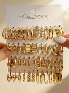 48 Pcs Hoop Earrings Set for Women, Fashion Elegant Geometric Design, Zinc Alloy Jewelry for Daily Wear, Party Gifts