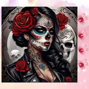 5D DIY Full Drill Round Diamond Painting - Diamond Art Kit Red Rose, Skull, Tattoo. Mosaic, Canvas - DIY Decorative Painting, Home Wall Décor, Suitable for Halloween and Christmas, Birthday and Anniversary Gifts.