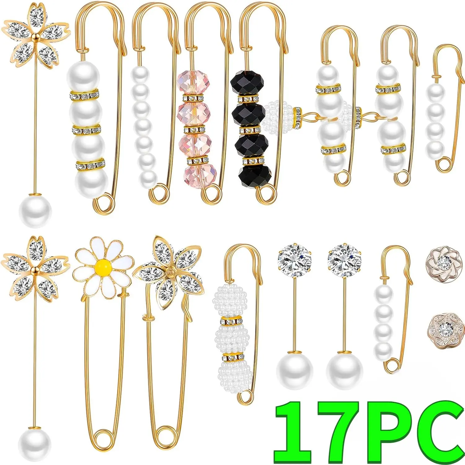 Women's 17PCS Faux Pearl Rhinestone Brooch Pins - Durable Metal Pins, Jewelry, Fashion Accessory for Casual Everyday Clothing, Dresses, Sweater Shawls, Collars - Home Improvement Building Supplies