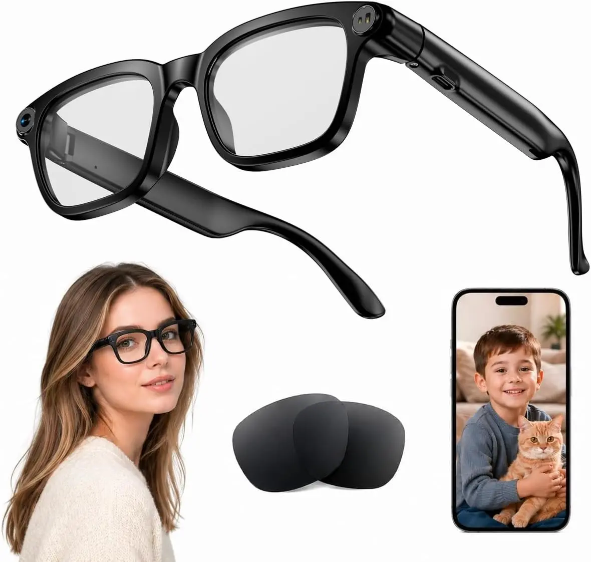 AI Smart Glasses for Men and Women ,8MP Camera, AI Assistant, Real-Time Translation, Object Recognition, Photo Capture, Bluetooth Connectivity, Open-Ear Speaker, Replaceable Sunglasses Lenses