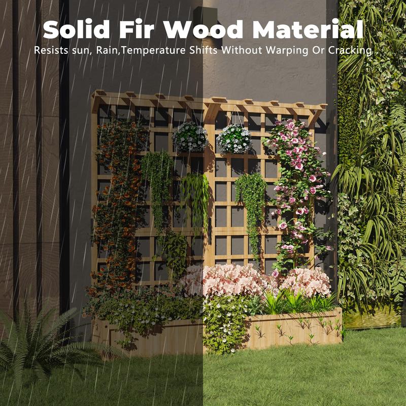 Two-Tier Wooden Planter Box with Trellis for Outdoor Gardens, Elevated Raised Bed for Flowers and Vegetables, 1.4 ft Deep Planter with Hanging Roof