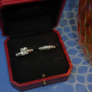 Princess Cut Engagement Ring Set – 8x8mm Square Center Stone – Silver Tone – Matching Band