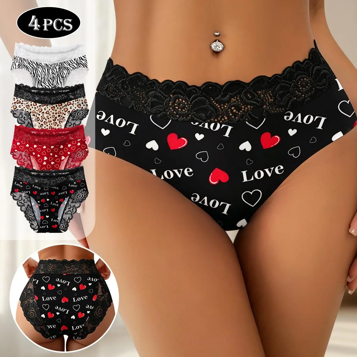 QUASTI Women's 4PCS Print Briefs Panties Set - Mid-Waisted, Soft Romance All Over Print, Skin-Friendly Full Coverage, Breathable Stretch Elastic Polyester Lace Trim, Plus Size (1XL-5XL), 4 Colors Bikini Intimates
