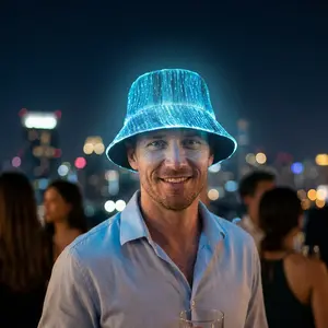 Luminous Fiber Optic Bucket Hat with USB Rechargeable Battery Multiple Lighting Modes & Colors for Day & Night Wear