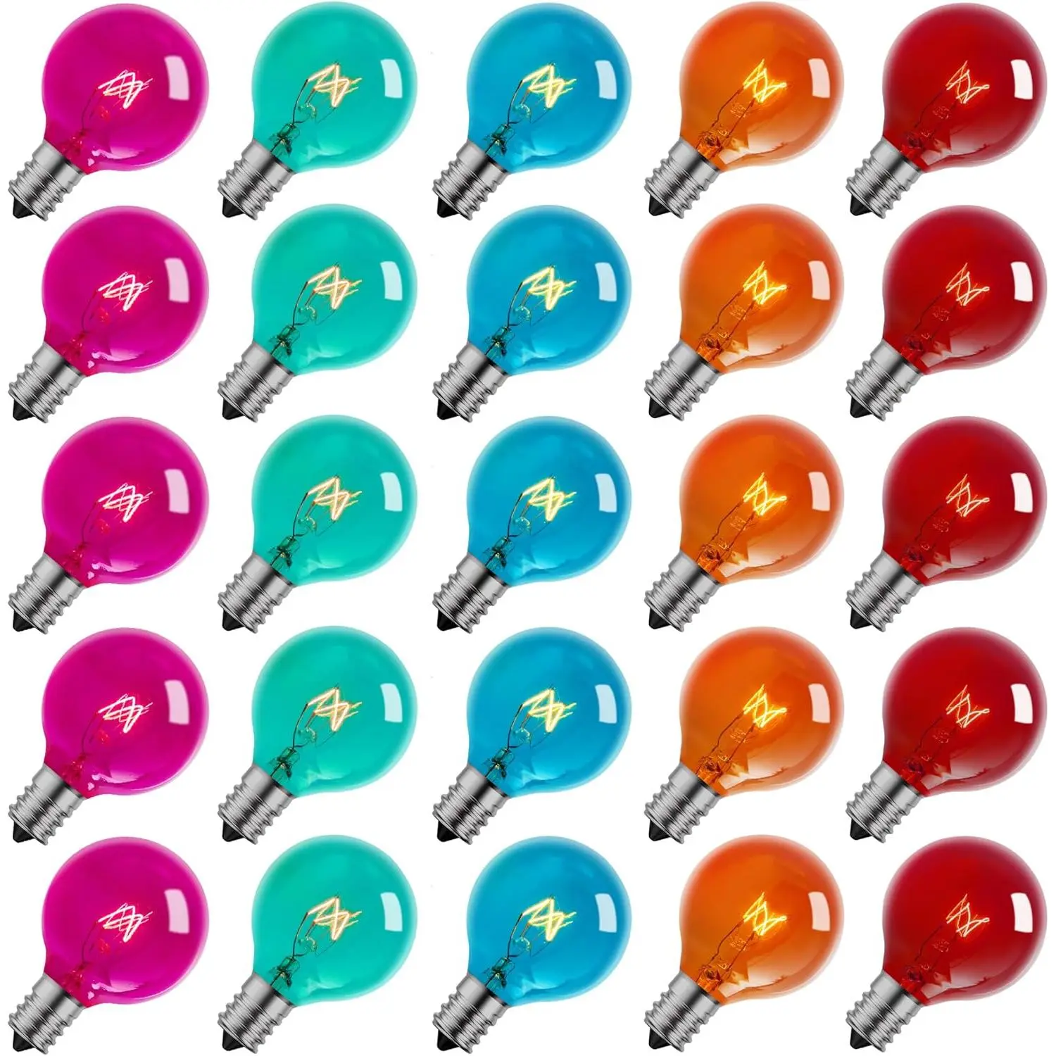 25 Pack G40 Colorful Incandescent Bulb, Vintage Globe Replacement Light Bulb for Christmas Lights, 5 Watt E12 C7 Candelabra Base for Patio Yard Garden Holiday Xmas Decoration