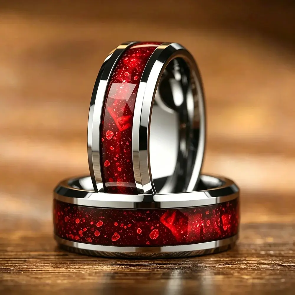 8mm Red Galaxy Nebula Crushed Stone Stainless Steel Ring Promise Wedding Ring for Men & Women, Comfort Fit, Wedding Band Jewelry
