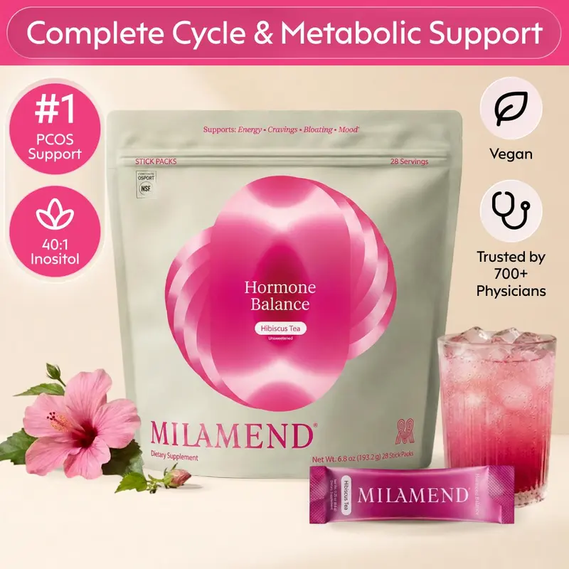 Milamend Hormone Balance Powder for Women - Supports Energy Cycles Skin & PCOS with Inositol CoQ10 & B6 - Stick Pack