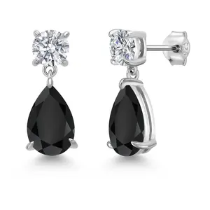 Gem Stone King 925 Sterling Silver Black Onyx and Lab Grown Diamond Earrings for Women | 7.02 Cttw | Gemstone December Birthstone | Pear Shape 12X8MM