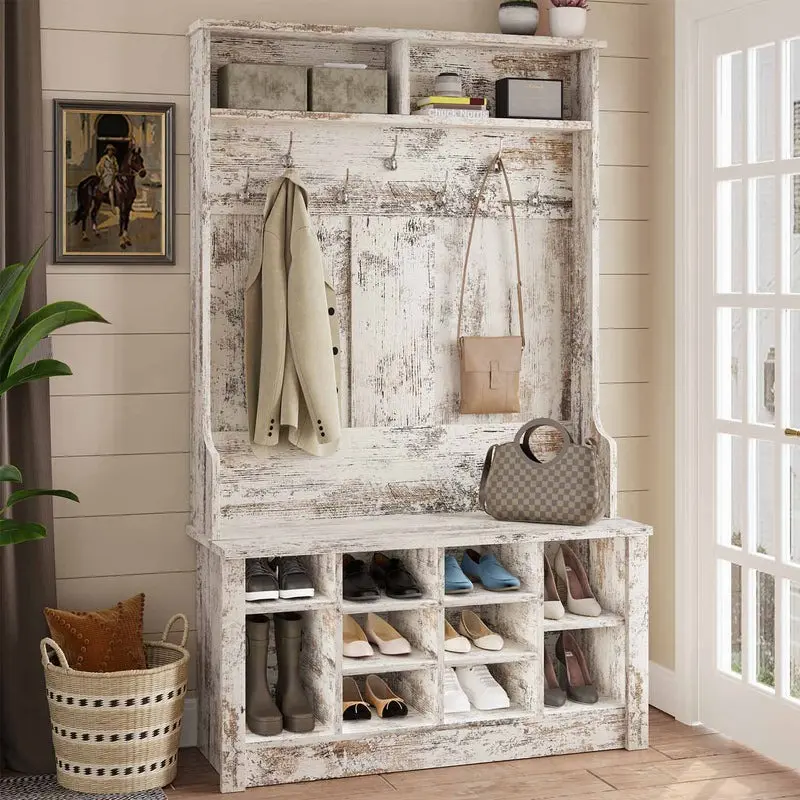 [SummerSale] Sikaic Hall Tree with Storage 3-in-1 Entryway Bench Vintage White Luxury Bedroom Furniture Interior Wood Organizer Marble Shoe Cabinet, Home Furniture, Dorm Essentials