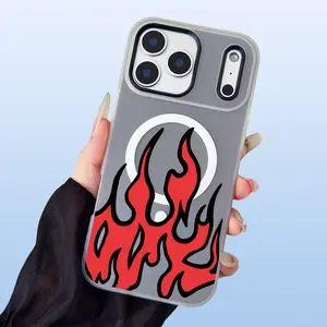 Cartoon Red Flame Pattern Phone Case For iPhone 17 Air 16 Pro Max 15 Plus 14 13 12 11 Luxury Candy Color 2-in-1 Shockproof Magnetic Smartphone Case Matte Soft Cellphone Casing Cover