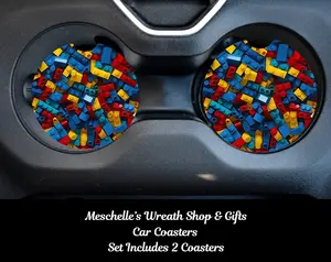 Car Coasters - Blocks Print, Colorful Handcrafted Interior Decor, Neoprene-Ceramic Material, Easy Installation, Spill Guard to Protect Cups, Stylish Functional Automotive Interior Accessory