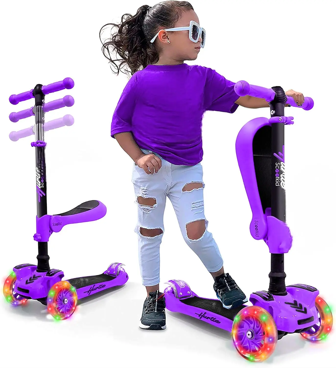 Mini Kids Scooter - Purple | 3-Wheel Kick Scooter with Sit or Stand with Removable Fold-Out Seat - Adjustable Height, LED Wheels, Anti-Slip Deck & Lean-to-Steer Technology - Portable Toddler Scooter for Indoor & Outdoor Play