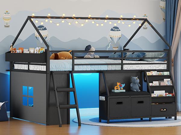 ADORNEVE Low Loft Bed Full Size with Bookshelf and Reading Nook LED Loft Bed with 3 Drawers and Under-Bed Play Space Loft Bed with Safety Guardrail and Inclined Ladde Play Curtain ADORNEVE Low Loft Bed Full Size with Bookshelf and Reading Nook LED Loft Bed with 3 Drawers and Under-Bed Play Space Loft Bed with Safety Guardrail and Inclined Ladde Play Curtain