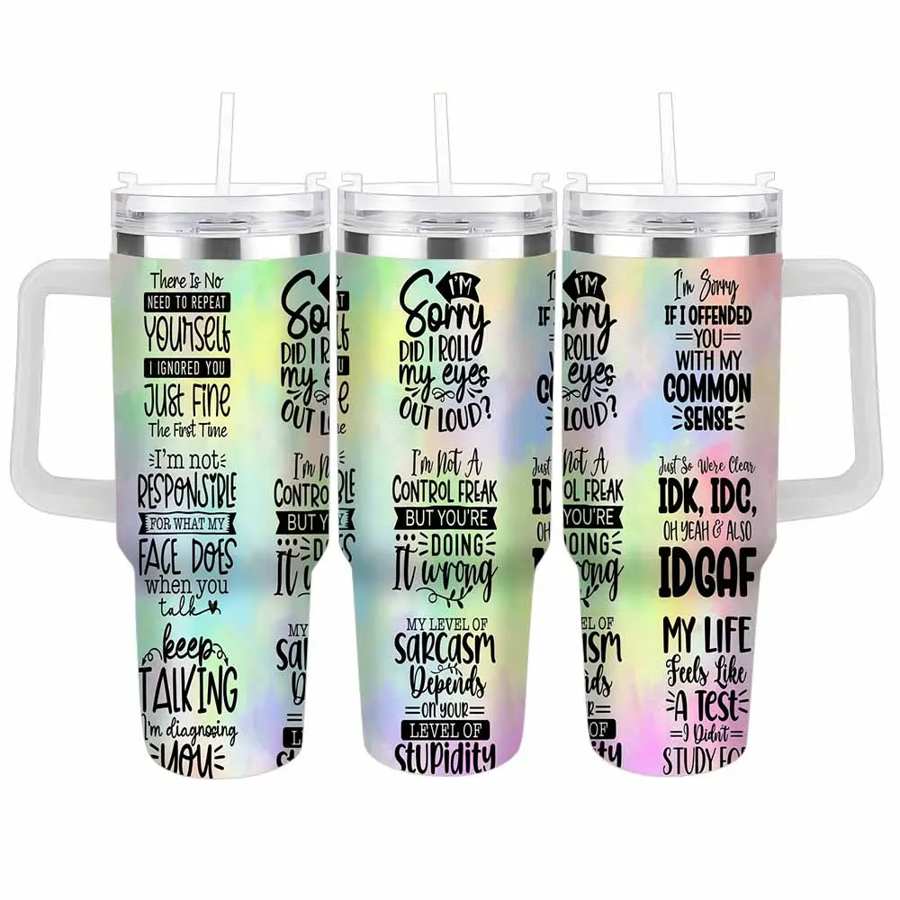 Sarcastic Quotes Tumbler With Handle 40oz 30oz Funny Typography Print Insulated Stainless Steel Travel Mug Pastel Gradient Coffee Cup Office Daily Commute Gift