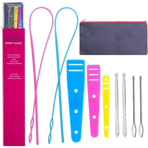 10 count Bodkin Threader Drawstring Threader Set, Including 2 Flexible Plastic Drawstring Threader, 2 Stainless Steel Sewing Loop Turner Hook, 2 Metal Tweezers, 1 Bag, 3 Flat Plastic Threader