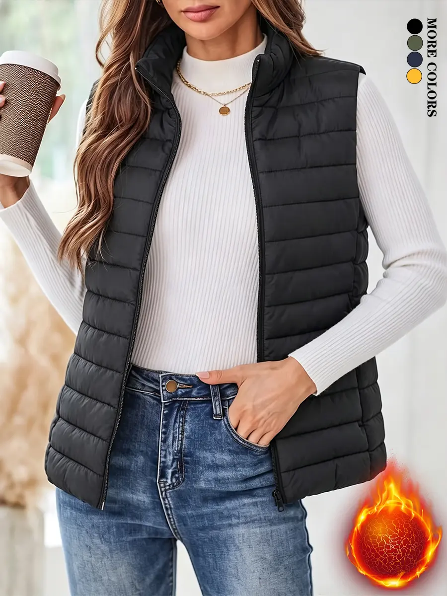 Women’s solid-color zip-up jacket, warm sleeveless cotton vest/outerwear (runs large—order one size down), hidden zipper pockets; suitable for autumn and winter, cold-resistant cotton coat/padded vest for outdoor everyday wear; new arrival for fall.