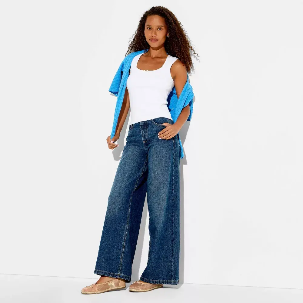 Women's Mid-Rise Ultra Wide Leg Jeans - Wild Fable Dark Wash 8
