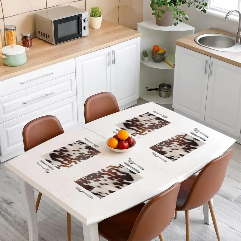 Feelyou 4-Piece Cow Fur Print Rectangular Placemat & Coaster Set, 18x12in Polyester Kitchenware, Modern Animal Print Home Accessory Decorative Cover Place Mats for Farmhouse Western Indoor Table Tops