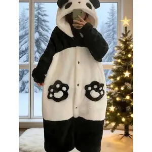Women’s Ultra Soft Plush Panda Hooded Fleece Robe with 3D Ears & Paw Pockets Cozy Button-Down Long Pajama Coat for Home Gifts Festive Nightwear