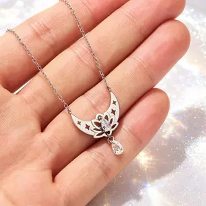 OUFER BODY JEWELRY 316L Stainless Steel Lotus Pendant Necklace - AAAAA+ Grade CZ Star Gem, Non-Tarnish, 17"+3" Extender Chain, Unisex Casual Accessory, Birthday Gift Jewelry, Jewelry Accessory