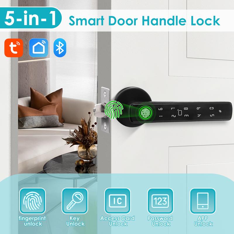 Smart  New 5-in-1 Smart Fingerorint Passcode Handle Lock – Fingerprint Passcode Key Card& Tuya App Unlock
