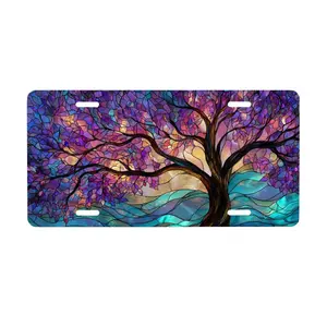 Mystical Purple Tree Stained Glass Front License Plate - Boho Hippie Aluminum Metal Car Tag - Spiritual Nature Vanity Plate - Aesthetic Gift for Her