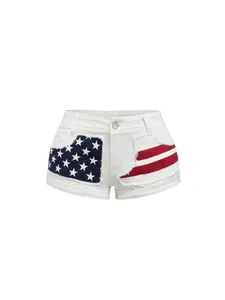 LUSHLACE x ROMWE J-Fashion Women Y2K Baddie Vintage Punk Rock Style American Flag Print Independence Day Patchwork Pocket Fold Hem Low-Rise Mini Denim Shorts