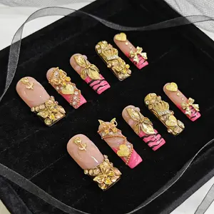 Y2K Premium Exquisite Long Square Press On Nails, Handcrafted Gold Embellished Fake Nails with 3D Butterfly & Crown Charms, High-End Party Nail Art Tips