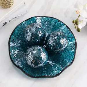 [Glittery Mosaic Glass Spheres] 4pcs Decorative Sphere Set - Glittery Teal & Black Wave-Edge Plate, Ideal for Living Room, Study, or Hotel Lobby Display Ornaments Turquoise