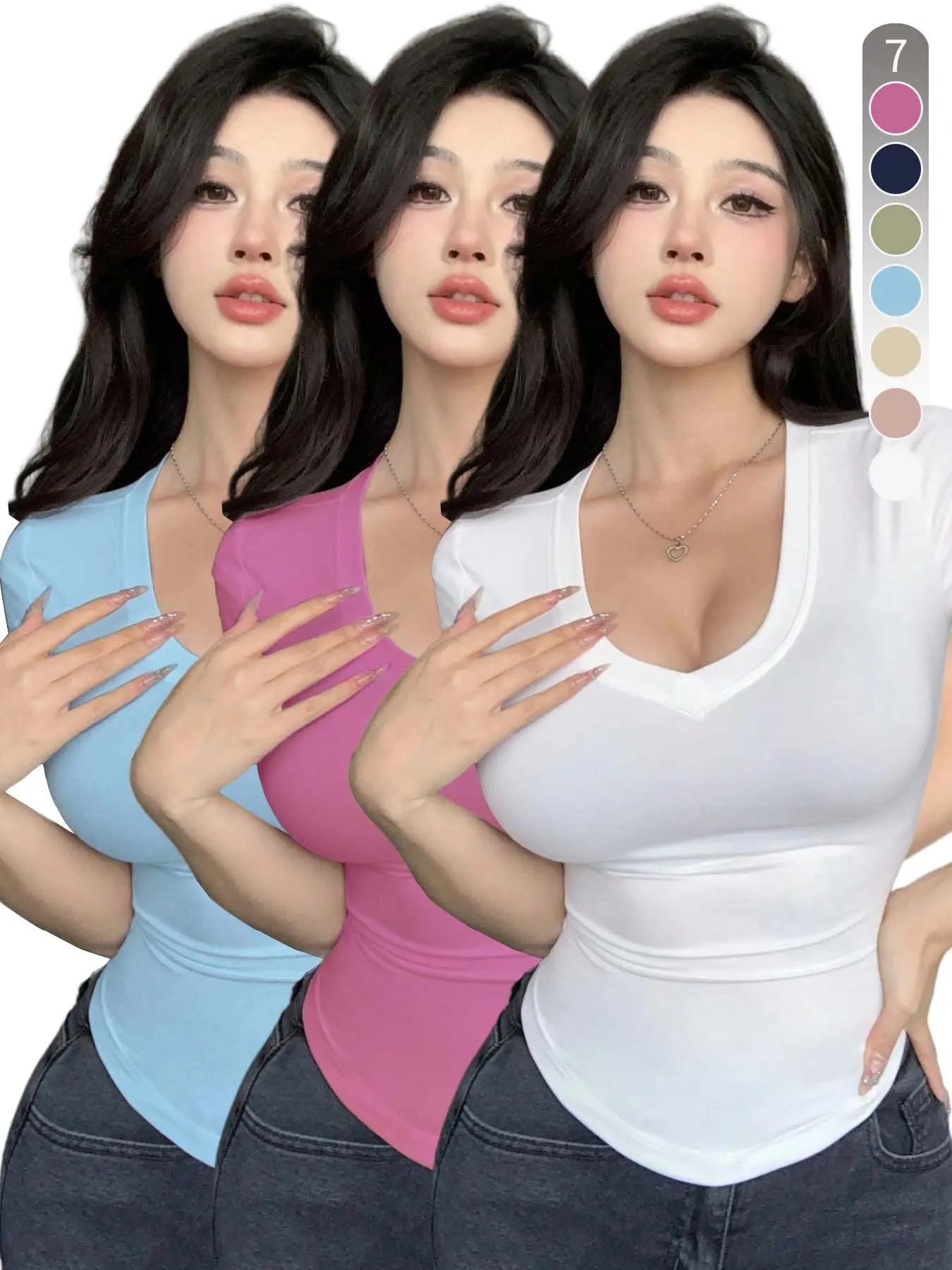 Women's Slim Fit Solid Color Casual Fit Minimalist V Neck Short Sleeve T-Shirt, Summer Fashion Tee for Daily Wear, Comfortable Ladies Top, Casual Chic Top, Basic Womenswear