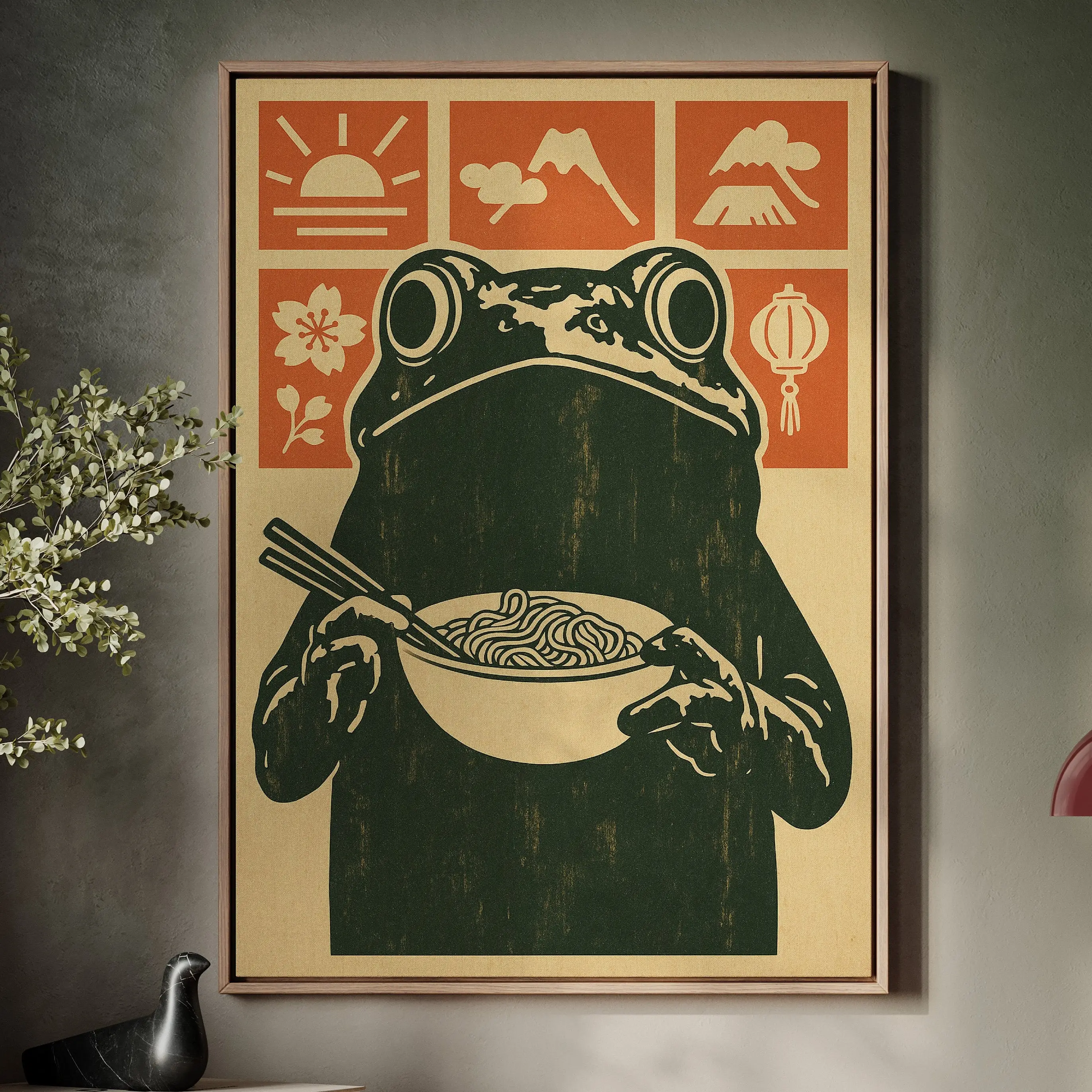 Ramen Frog in Retro Woodblock Style Poster,  Wall Decor Retro Art Print
