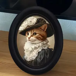 1count，[2D Flat] Victorian Cat Wall Art - Elegant Ms. Victoria Cat in Black Attire, Gothic Style Oval Wooden Decor with Intricate Lace Detailing, Perfect for Home & Office Decoration, Holiday Ornament | Victorian Style Decor, Decorative Artwork