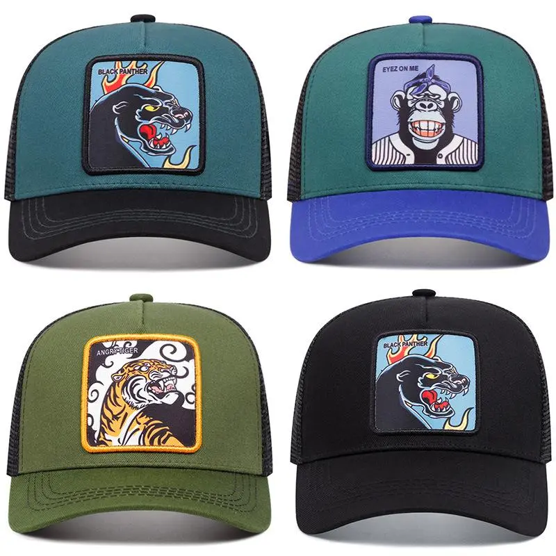 Cartoon Animal Patch Trucker Hat, Panther Tiger Orangutan Printed Mesh Baseball Cap, Breathable Curved Brim Outdoor Sun Hat for Men Women