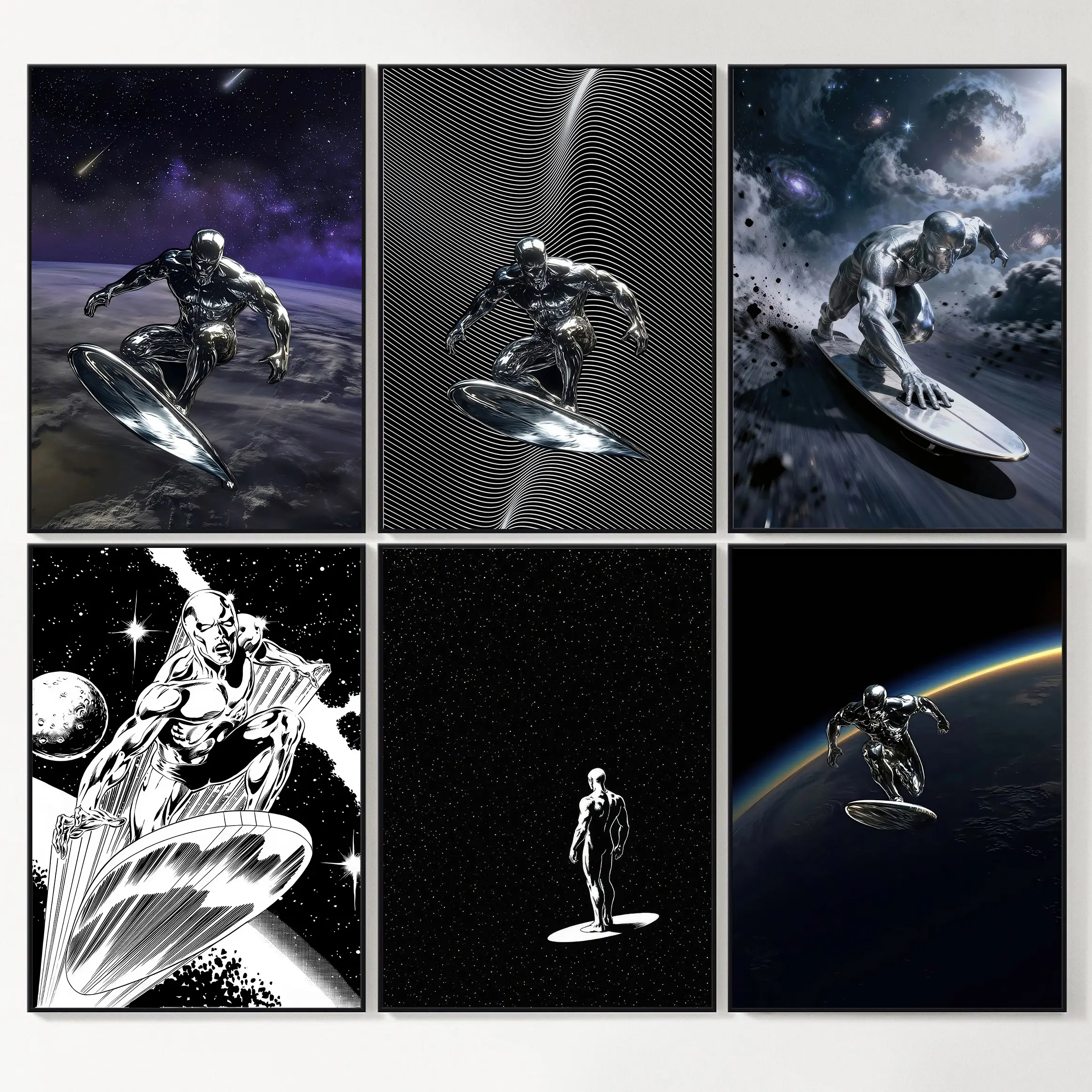 Silver Surfer Poster, Cosmic Space Wall Art, Retro Comic Superhero Poster, Black & Silver Sci-Fi Decor for Bedroom, Game Room, Man Cave