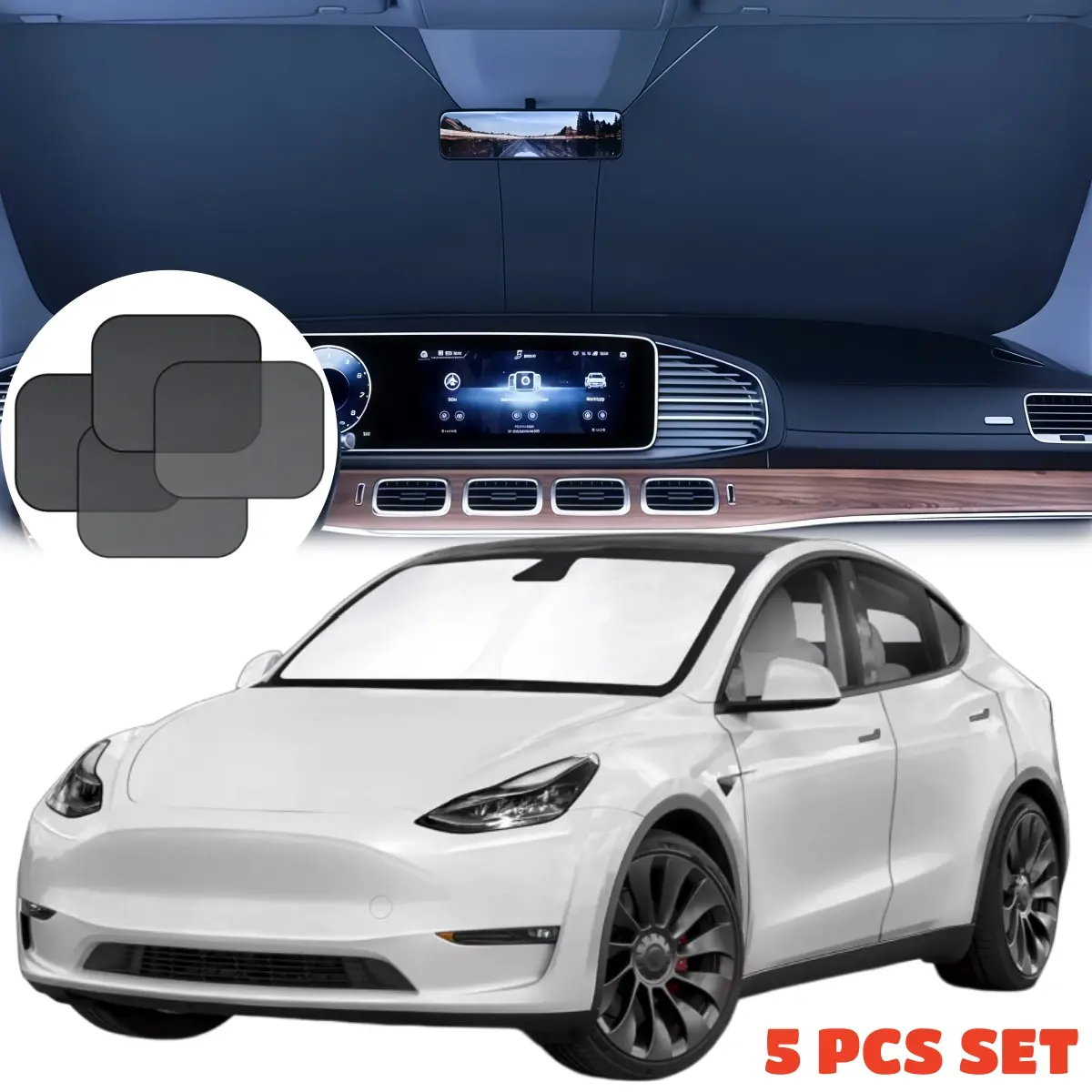 5-in-1 Car Windshield Sunshade for Tesla Model Y, 4pcs Front-Rear Side Window Mesh Sunshades with Plastic Hook & Loop 190t Titanium Silver Adhesive, 3-Layer 3X Heat/UV-Blocking Portable Foldable Front/Side Shade to Keep Interior Cool in Summer