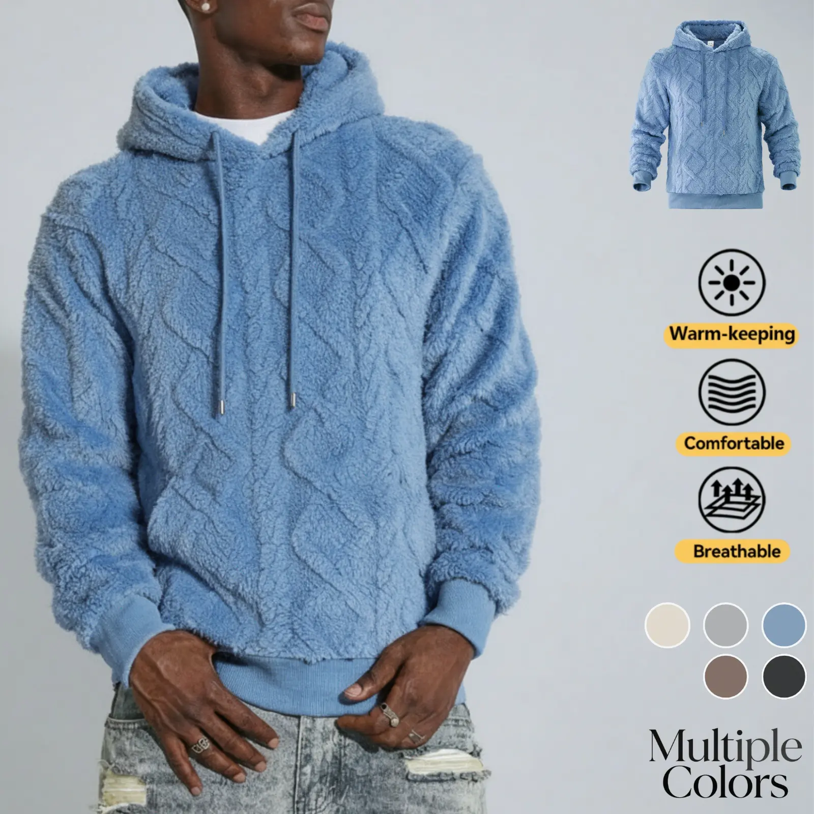 Men’s long-sleeve plush hoodie with 3D diamond texture, drawstring hood design, ribbed cuffs, available in multiple colors