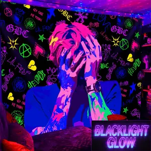Lil Peep Blacklight Wall Flag Tapestry - UV Reactive Colorful Light-Up Glowing Color Home Decor, Lightweight Polyester Print, Machine Washable Emo Rap Star Wall Hanging for Bedroom, Colorful Light-Up Tapestries, Glowing Color Tapestries