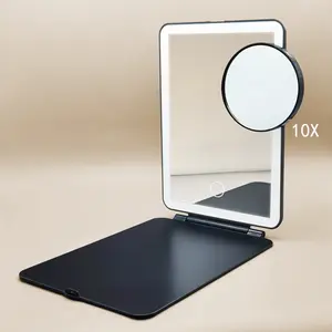 Rechargeable Travel Makeup Mirror with Lights and 10X Magnifying Mirrors,Portable Lighted Vanity Mirror with Led,  3 Color Lighting, 2000mAh Battery, Portable Lighted Makeup Mirror Black,Dimmable Touch Screen, Tabletop LED Folding Cosmetic Vanity Mirror R