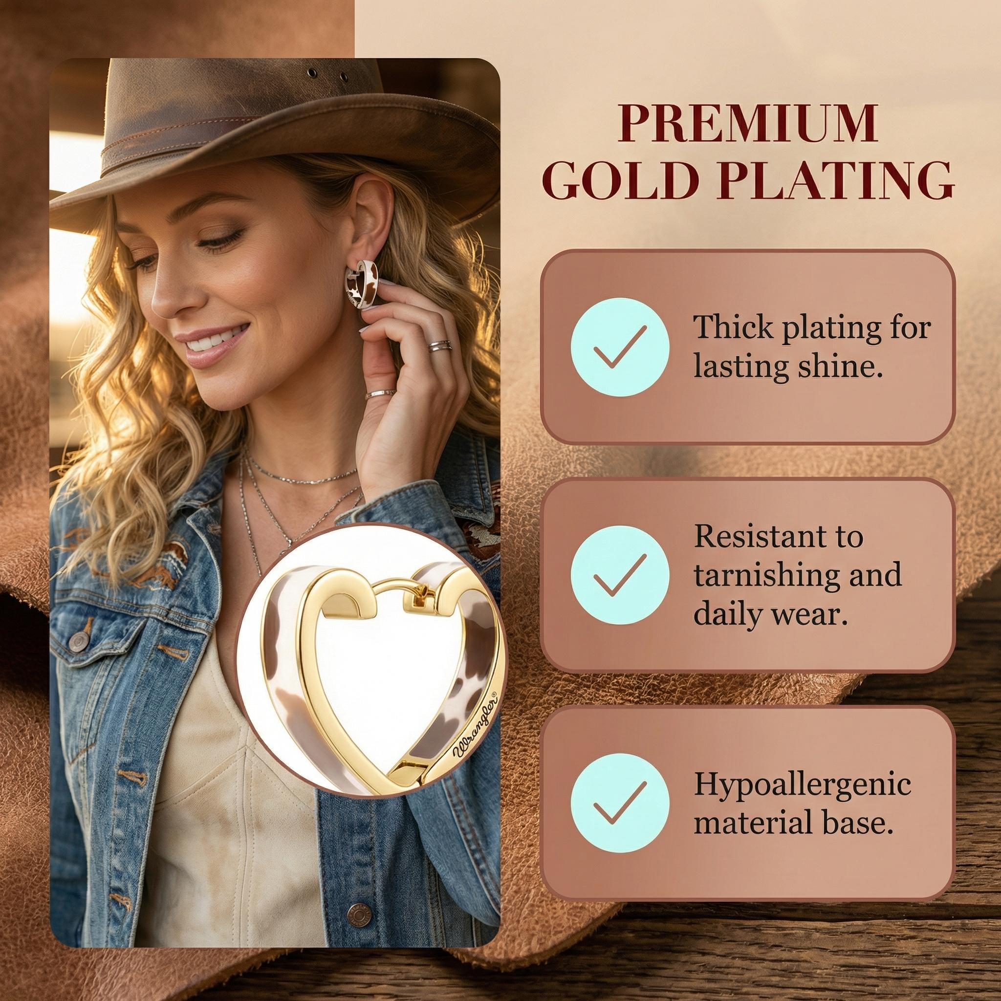 Wrangler Western Cowprint Heart Earrings for Women Gold Plated Fashion Jewelry Valentine's Day Gift Selection TikTokShopJumpstartSale