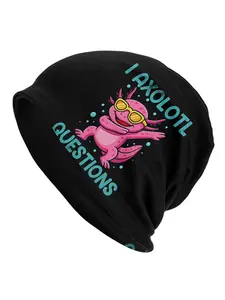 BIIHUDU Men'S Cute Axolotl Beanie Hat - Funky Knit Cap with "I AXOLOTL QUESTIONS" Design, Black & Pink Cartoon Character Hat
