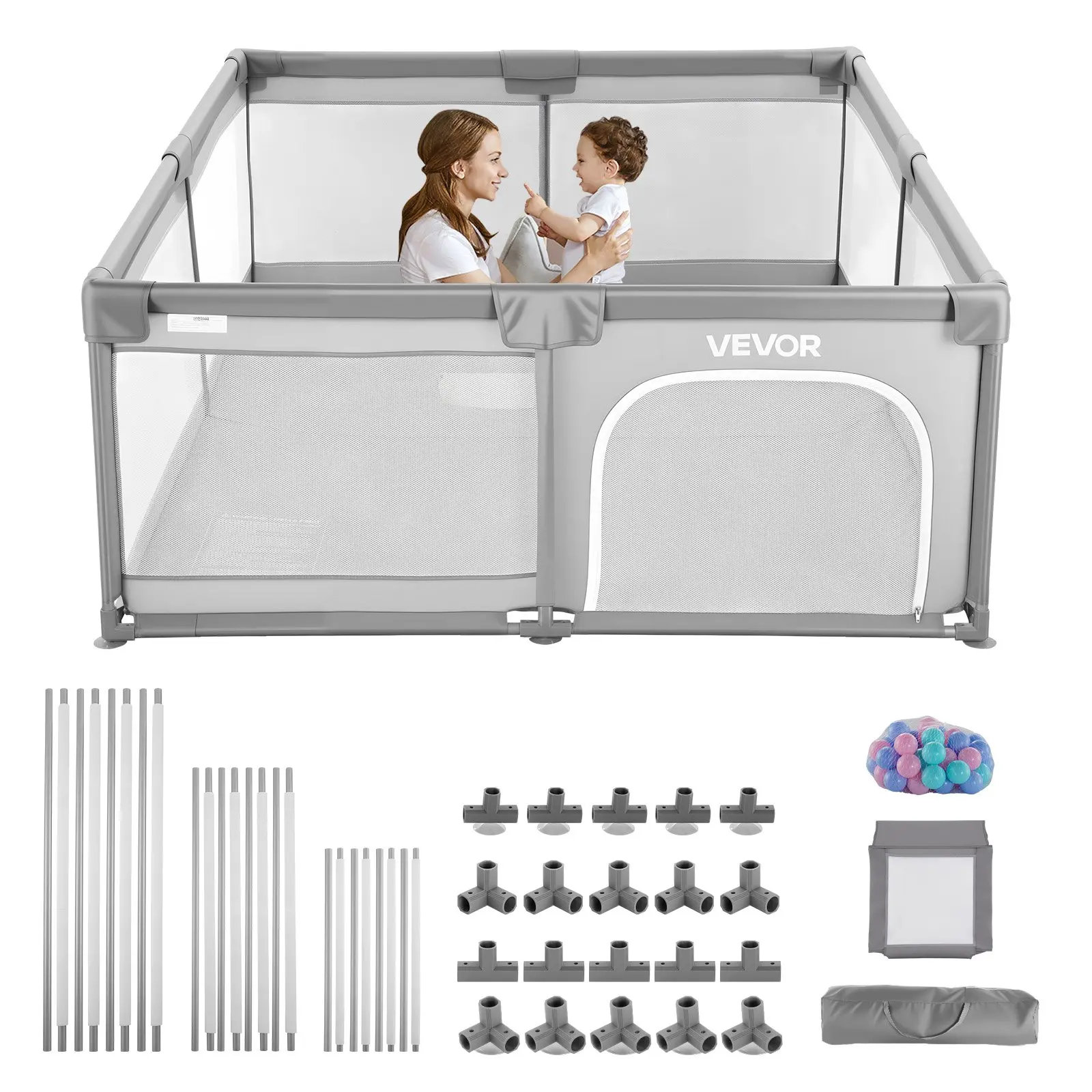 VEVOR Baby Playpen, Unisex 78.7x70.3in Rectangular Extra Large Safety Gapless Activity Zone for 0-2 Years Infants & Kids, Indoor-Outdoor Fence Play Yard with Zippered Door, Soft Breathable Mesh, 50 Ocean Balls