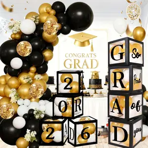 Graduation Decorations Class of 2026 Black and Gold - 4 Balloon Boxes with Letters 2026 GRAD So Proud of You, 100pcs Balloon Arch Kit, High School College Grad Supplies Photo Prop