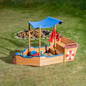 Wooden Pirate Sandbox with Canopy and Storage Bench - Outdoor Backyard Play Equipment