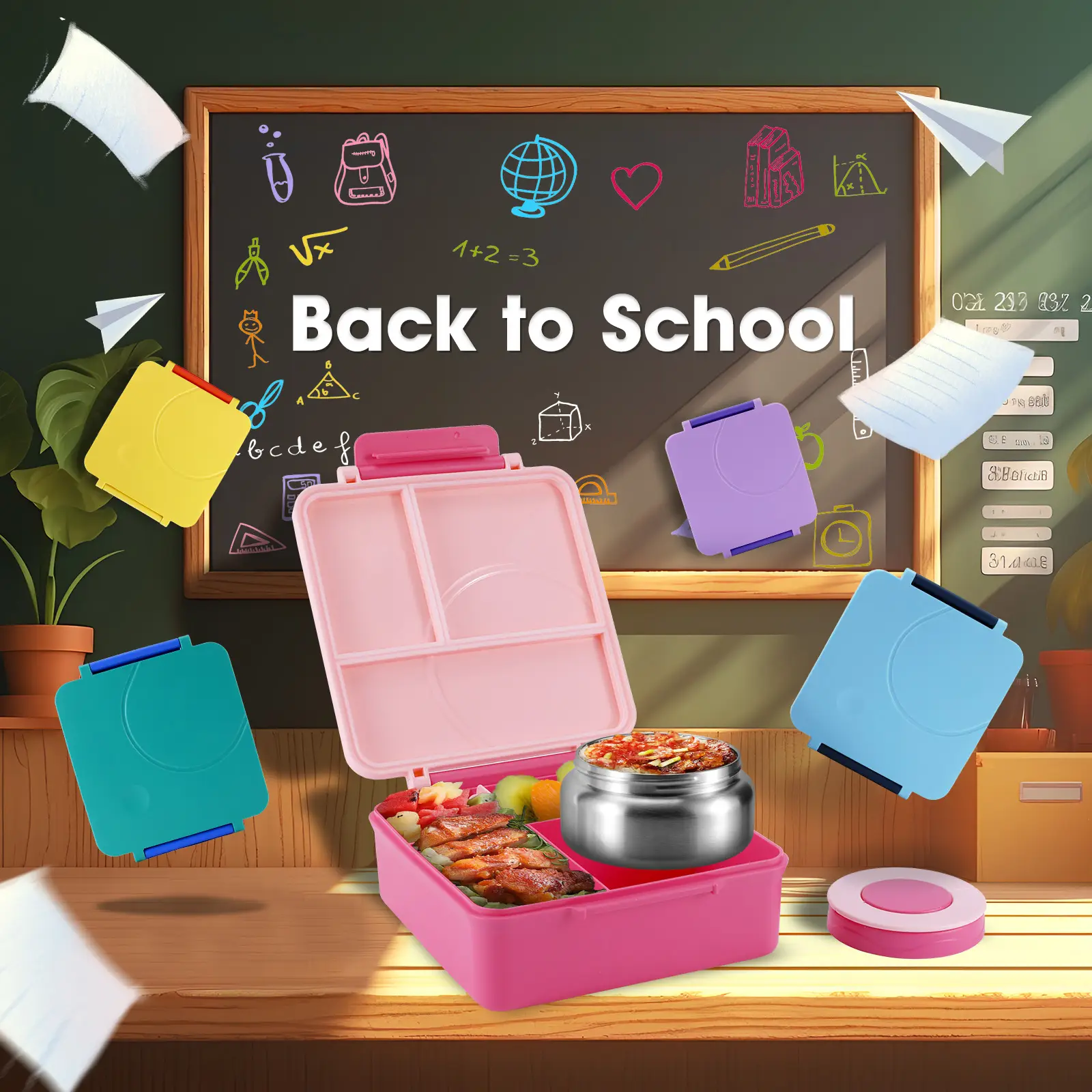 4-compartment Bento Lunch Box with Soup Cup, 1 Set Microwave Safe Plastic Bento Container, Lunch Accessories, Portable Food Storage for Travel and Lun