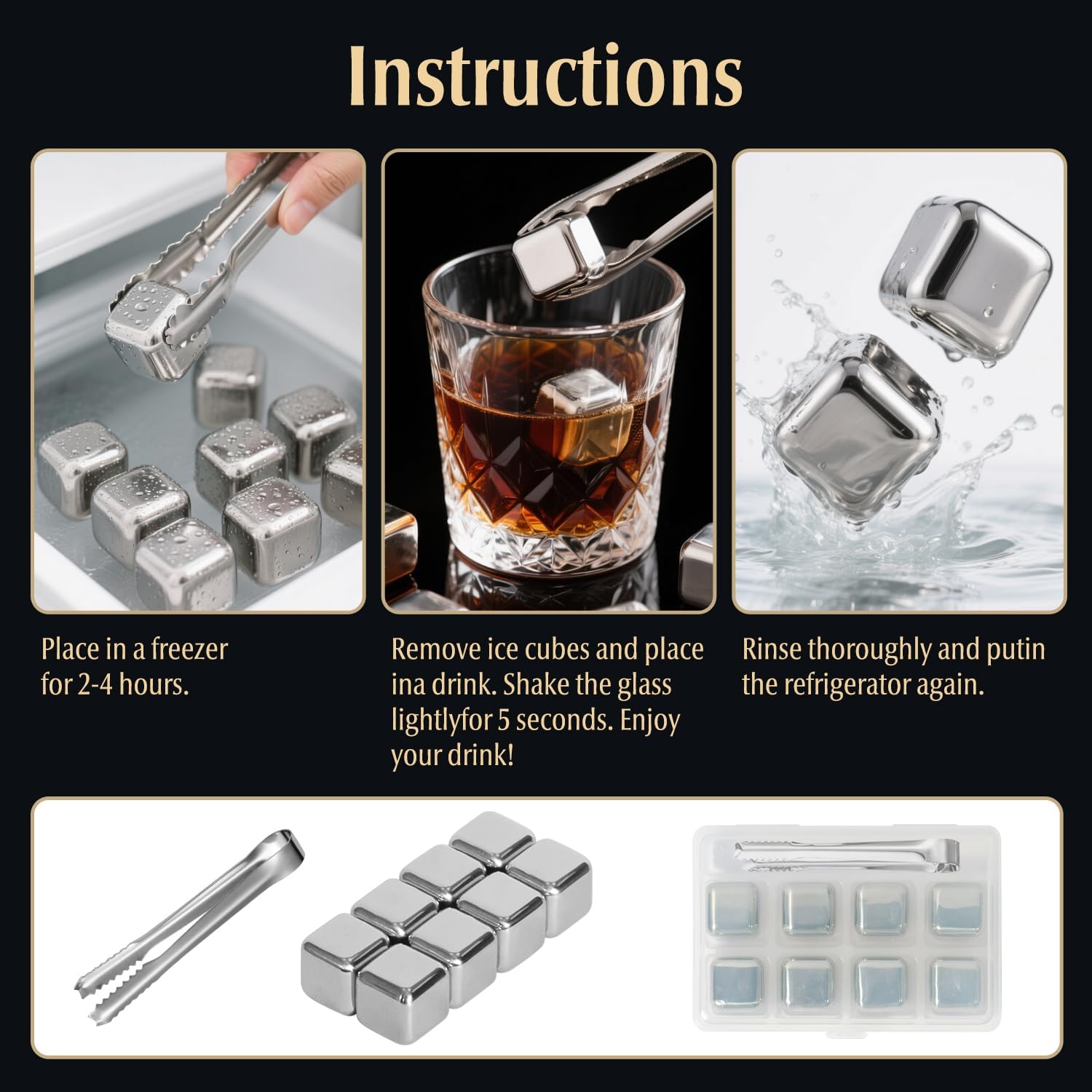Whiskey Stones Set, 8 Packs Stainless Steel Whiskey Chilling Rocks, Reusable Ice Cube for Drinking, Cool Birthday Gift for Men Dad, Boyfriend, Beer Lover, Bourbon, Scotch, Gin, Beverage, New Year