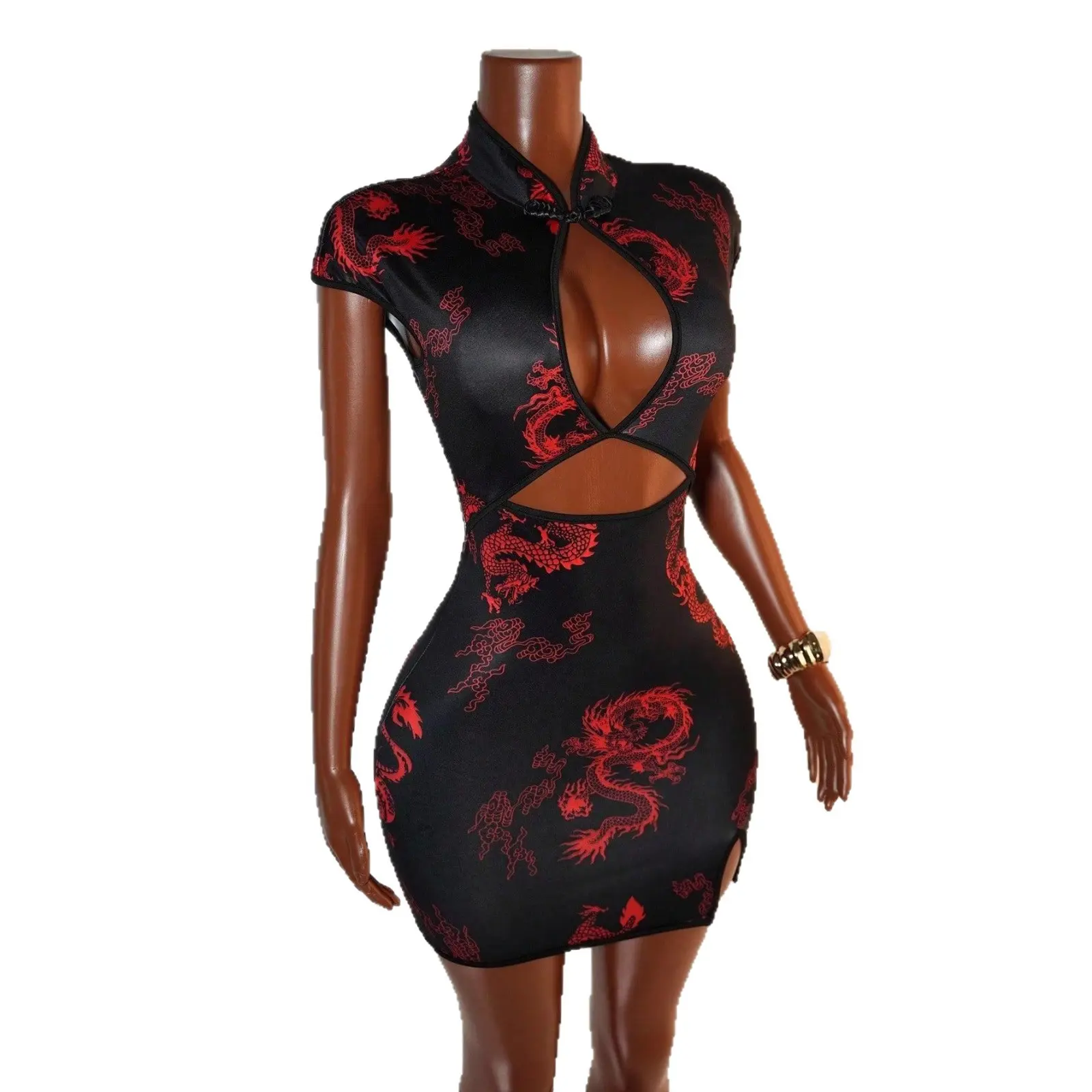 Women's Elegant Traditional Chinese Style Formal Short-Sleeved Cheongsam Dress - Golden Dragon Print, Polyester-Spandex Fabric, XL Size Formal Wear for Women, Party Fit, Bachelorette Party, Going Out, Outfit Of The Night, Lady, Night Out, Festival Wear