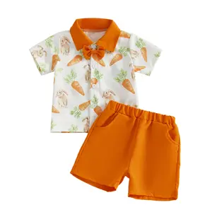 Babamoon Toddler Baby Boy Easter Outfits Set Bunny Carrot Short Sleeve Bowtie Shirts and Solid Shorts 2 Piece Summer Spring Clothes Set 6M-4Y