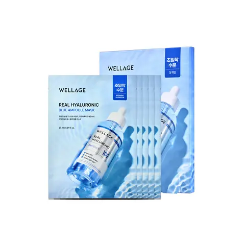 Wellage Real Hyaluronic Blue Ampoule Mask 5ea  | Hydrating Face Mask, Hyaluronic Acid, Dewy Skin, Glass Skin, Korean Skincare