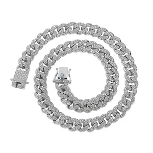 Silver dog chain collar, diamond Cuban link dog collar, 13 mm wide dog necklace, metal cat chain pet crystal collar jewelry accessories for small, medium, and large dogs and cats