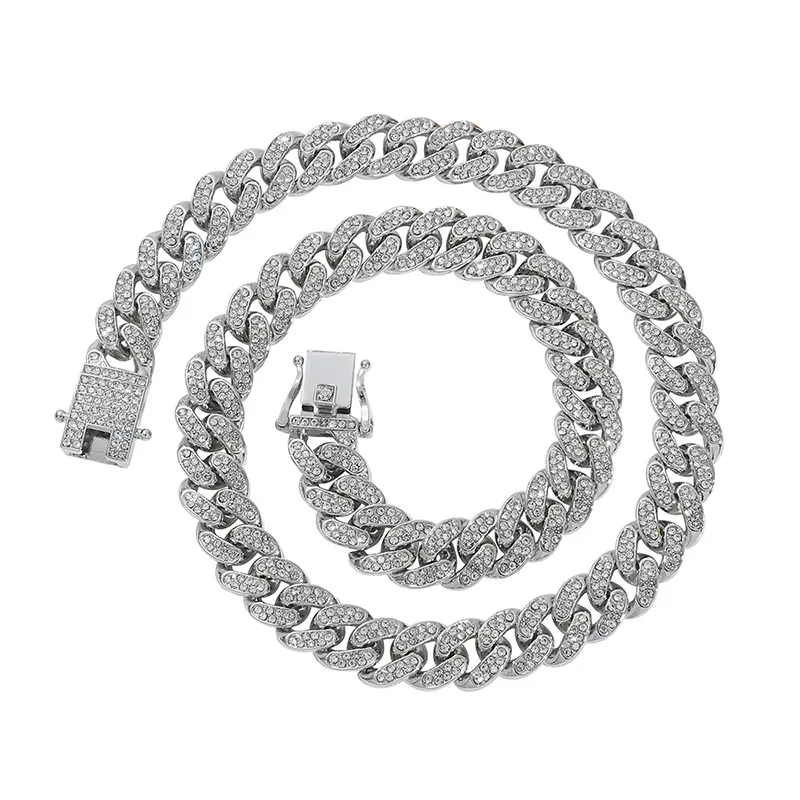 Silver dog chain collar, diamond Cuban link dog collar, 13 mm wide dog necklace, metal cat chain pet crystal collar jewelry accessories for small, medium, and large dogs and cats